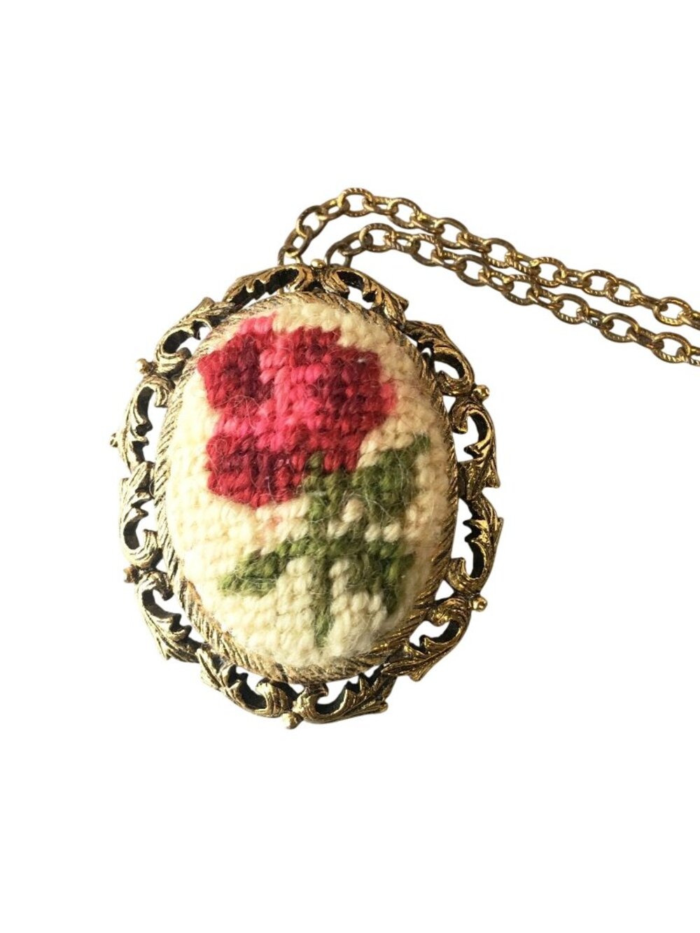 Vintage Floral Embroidered Needlepoint Brooch Pendant Chain Necklace Jewelry